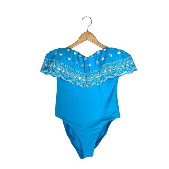 LOFT BEACH Eyelet Flounce Embroidered Off Shoulder Ruffle One Piece Swimsuit - Picture 3 of 9